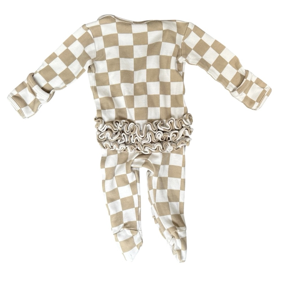 Beige Check Ruffle Footed One-Piece Footed Romper - Picture 2 of 3